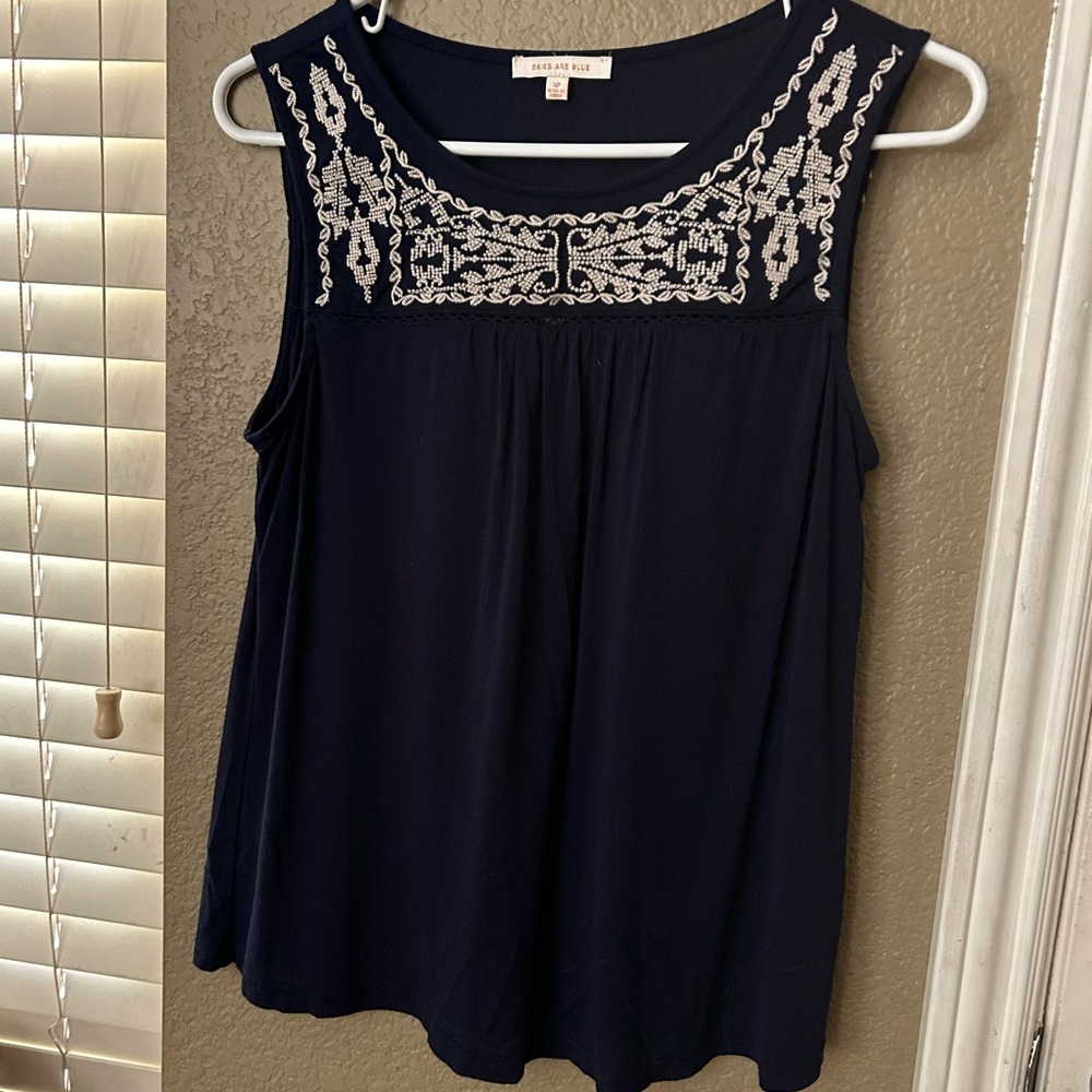 Skies Are Blue Dark Blue Embroidered Blouse